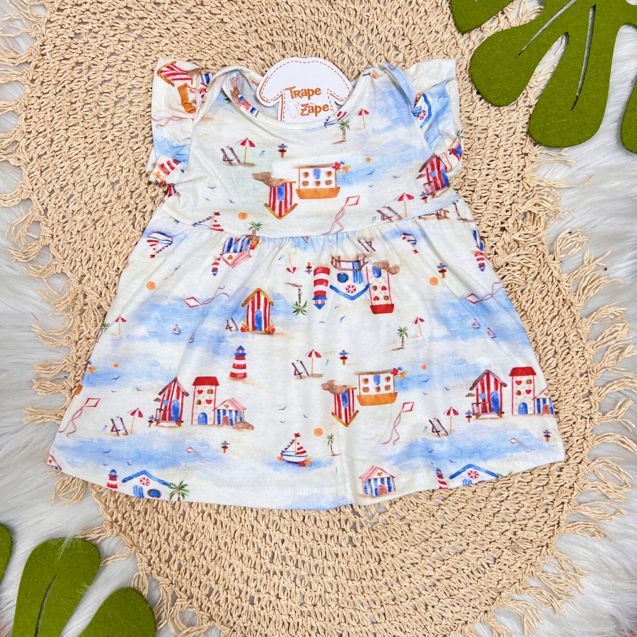  Vestido Manga Curta Casinhas de Praia - Off White